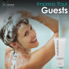 World Amenities Bodyography Blanc bulk packaging on display for restocking hotels