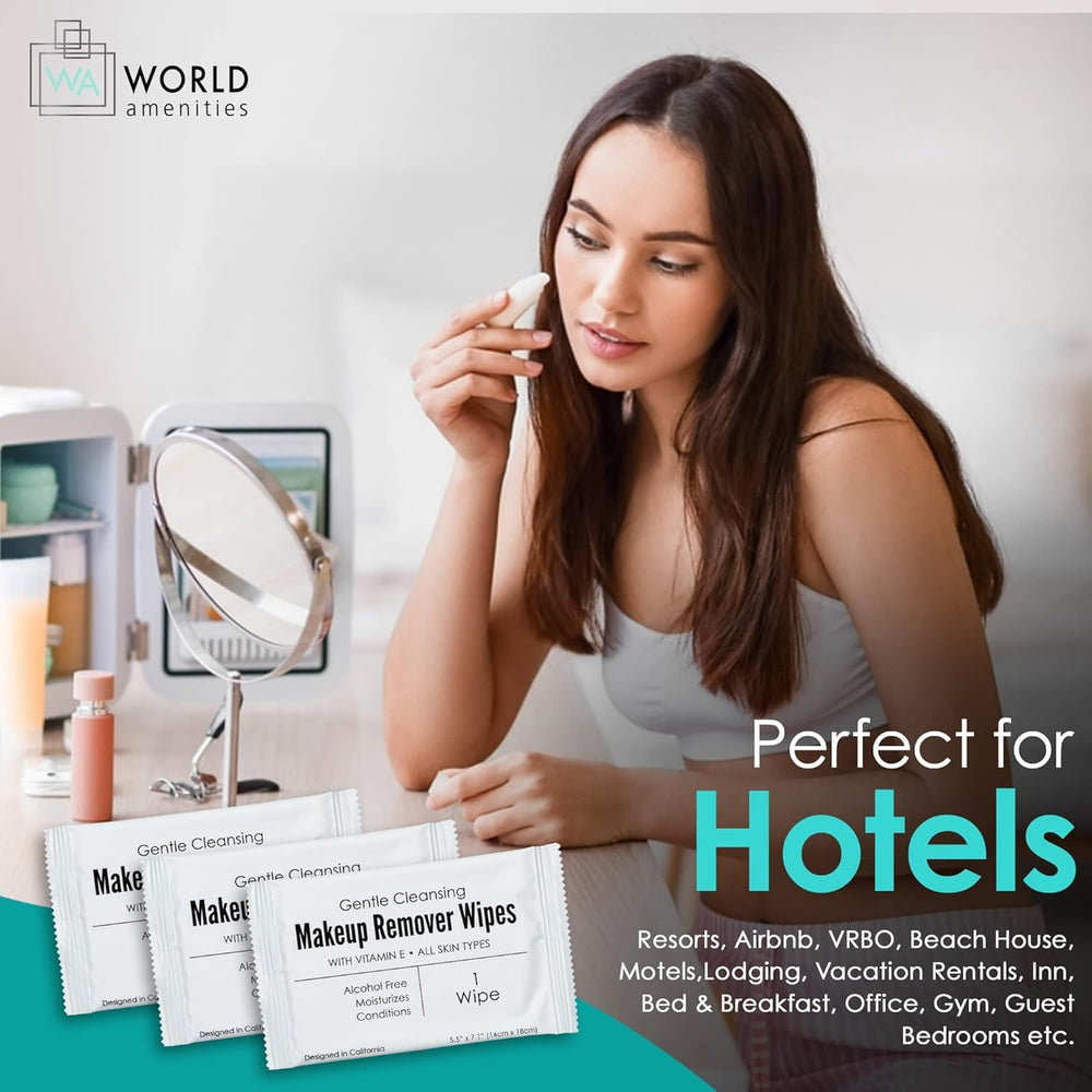 World Amenities vitamin E enriched wipe for gentle cleansing.