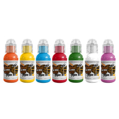 World Famous Tattoo Ink 7-color set bottles show versatile midtones for shading and florals