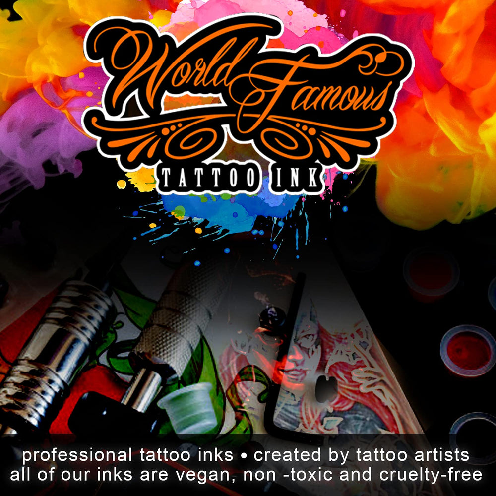 World Famous Tattoo Ink grey wash label closeup communicates quality and care.
