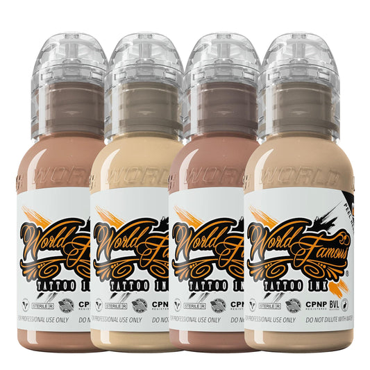 World Famous Tattoo Ink skintone four-count set with 1oz bottles for cover-ups.