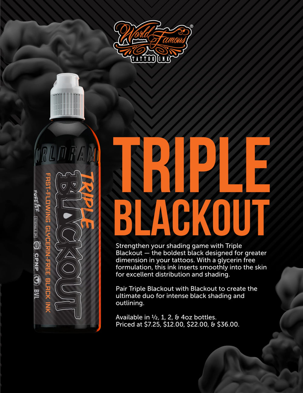 World Famous Tattoo Ink Triple Blackout sealed bottle ready for professional use