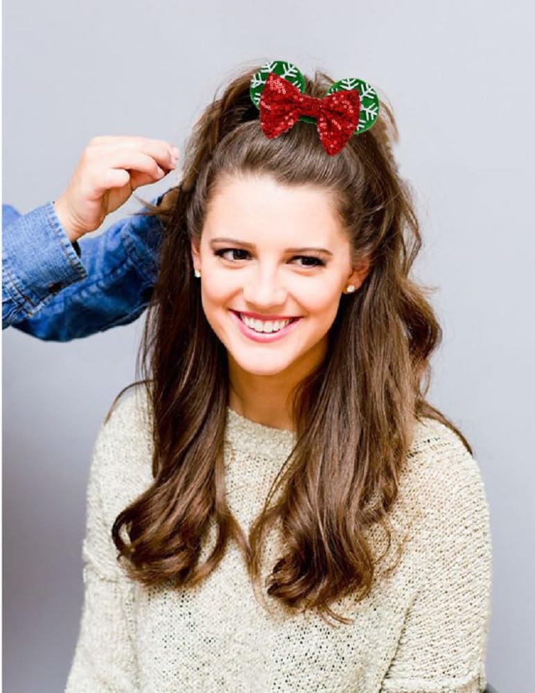 WOVOWOVO green mouse-ear scrunchies with red sequin bow for bright looks