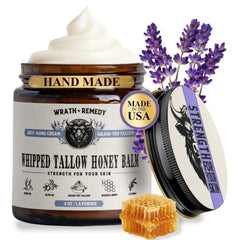 Wrath & Remedy organic beef tallow lavender jar showing rich hydration for dry skin