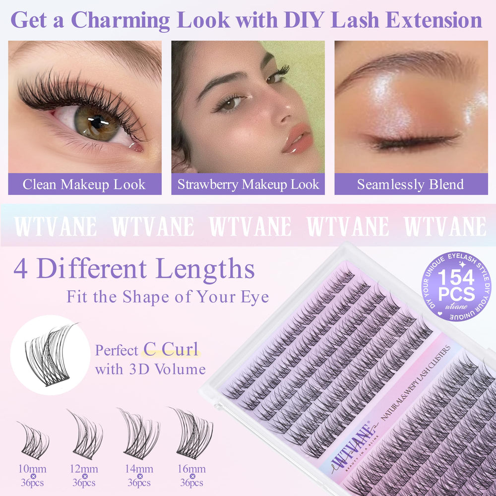Wtvane C-curl lash clusters with thin soft band for seamless blending.