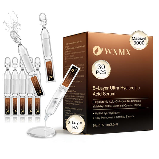 WXMX Ultra Hyaluronic Serum bottle showing 8 HA forms for deep hydration