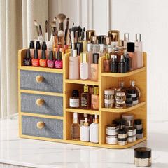 X-cosrack large makeup organizer on vanity with 3-tier bamboo design