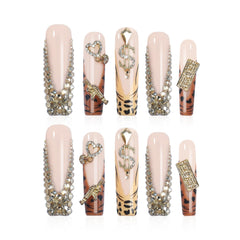 XGV handmade long-square pink rhinestone nails for party glam