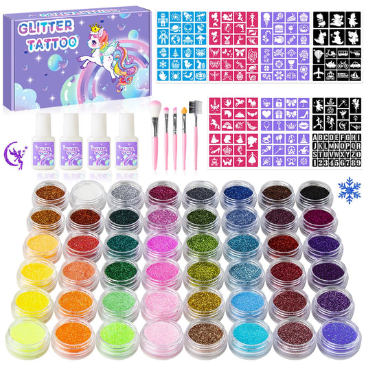 XiQiDianr temporary glitter tattoos kit with 48 colors for party fun and kids' creativity.