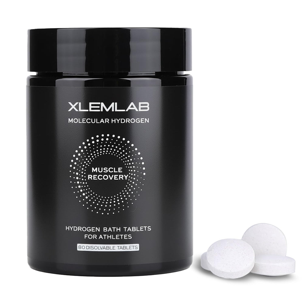 XLEMLAB hydrogen bath tablets in a jar front for post-workout recovery.