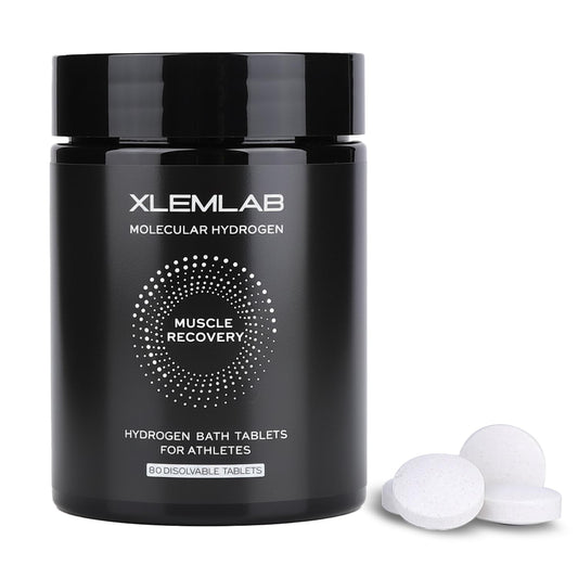 XLEMLAB hydrogen bath tablets in a jar front for post-workout recovery.