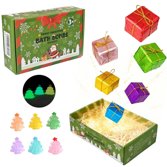 XmtJXn Christmas bath bombs unboxing box display with six colorful cubes for festive relaxation.
