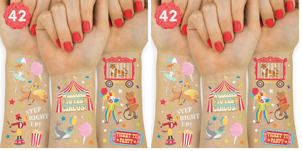 xo-fetti circus tattoos with gold and silver foil circus animals for lively party decor.