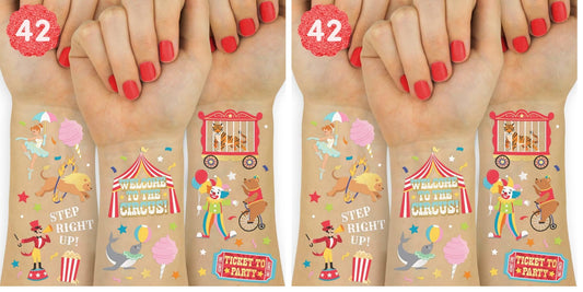 xo-fetti circus tattoos with gold and silver foil circus animals for lively party decor.