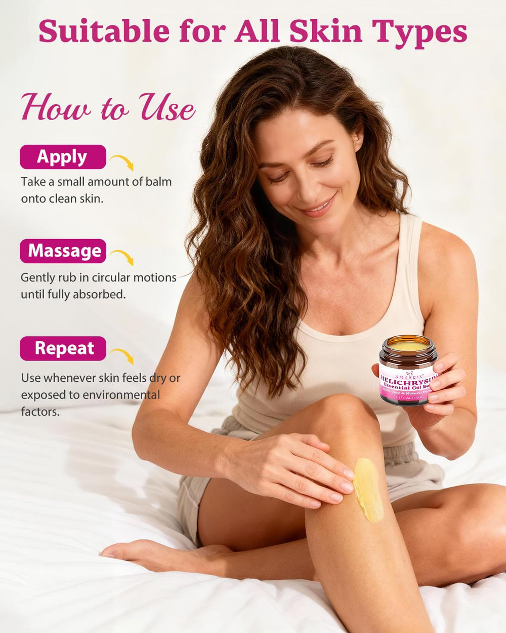 XUEBEIK Helichrysum balm applied to face for mild redness relief