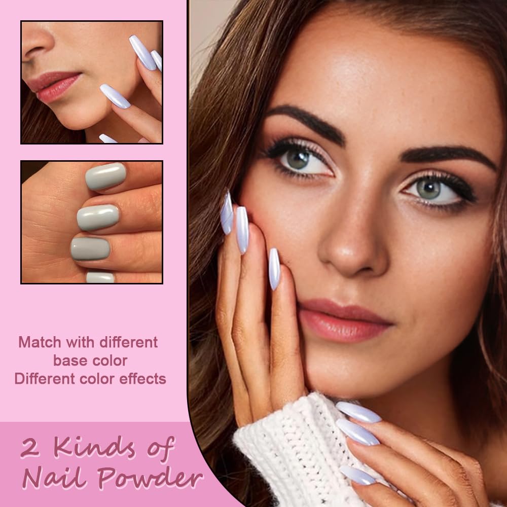 XZMeiLun finished manicure lifestyle shot showing iridescent mermaid chrome nails