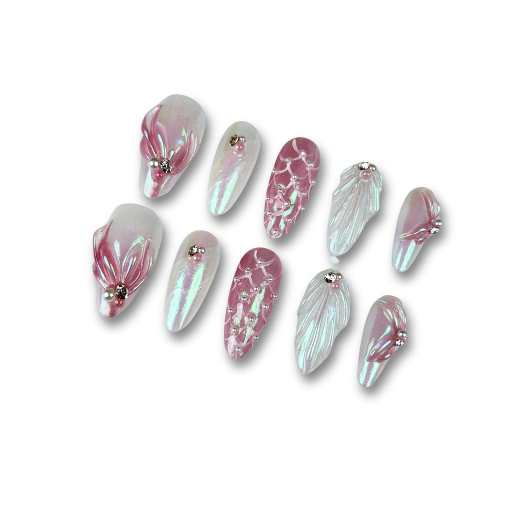 Yabonica 10PCS handmade 3D almond press-on nails with cat-eye shimmer for dramatic daily wear