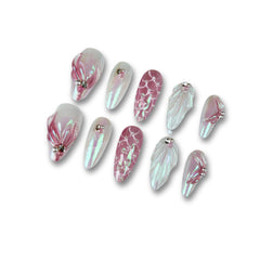 Yabonica 10PCS handmade 3D almond press-on nails with cat-eye shimmer for dramatic daily wear