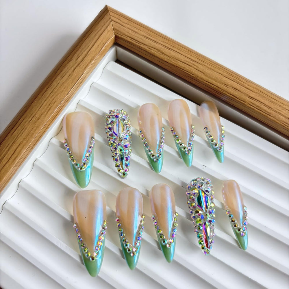 Yabonica French Tip press-on nails in blue 039 with 3D rhinestones for at-home glamour