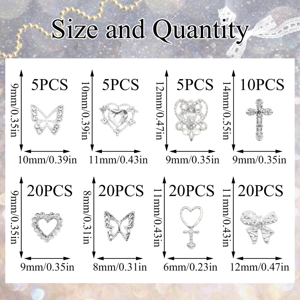 YAEISM 105PCS silver nail charms 3D bow with shiny crystal details