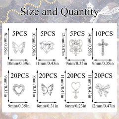 YAEISM 105PCS silver nail charms 3D bow with shiny crystal details