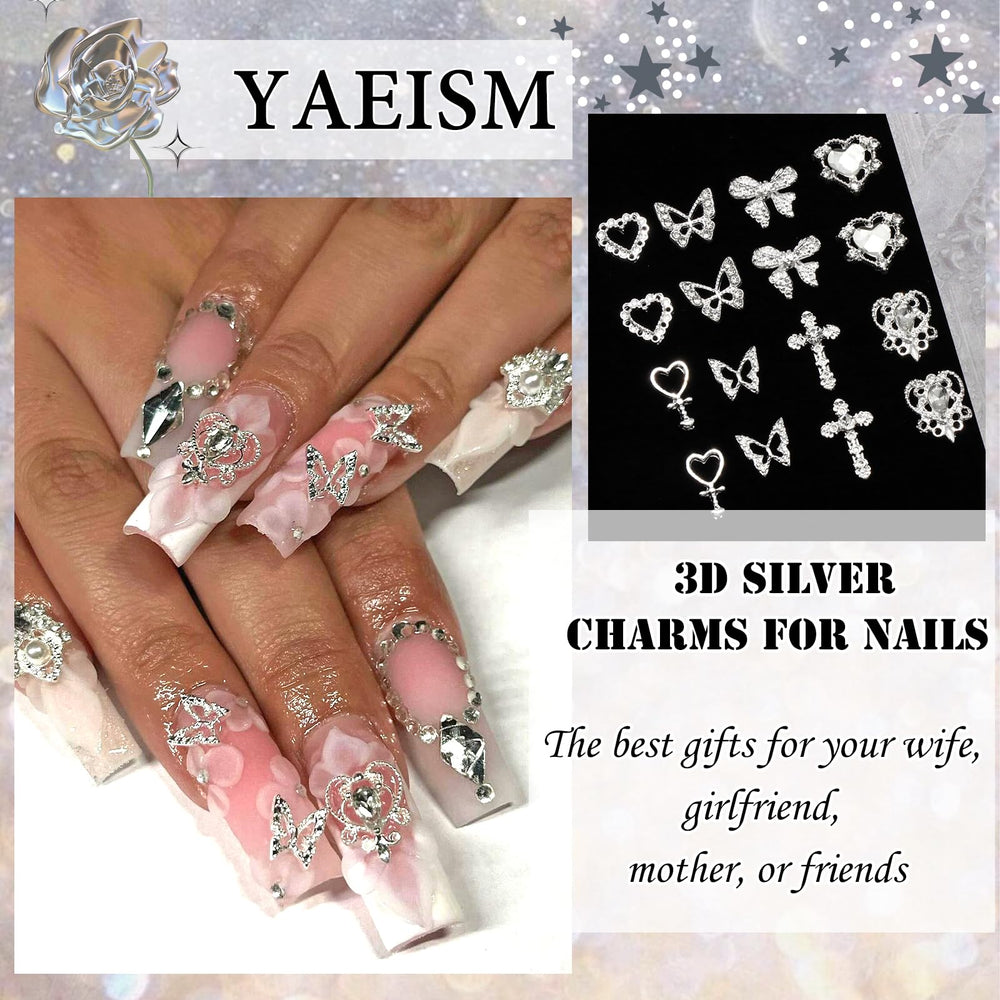 YAEISM 105PCS silver nail charms 3D butterfly for delicate nail accents