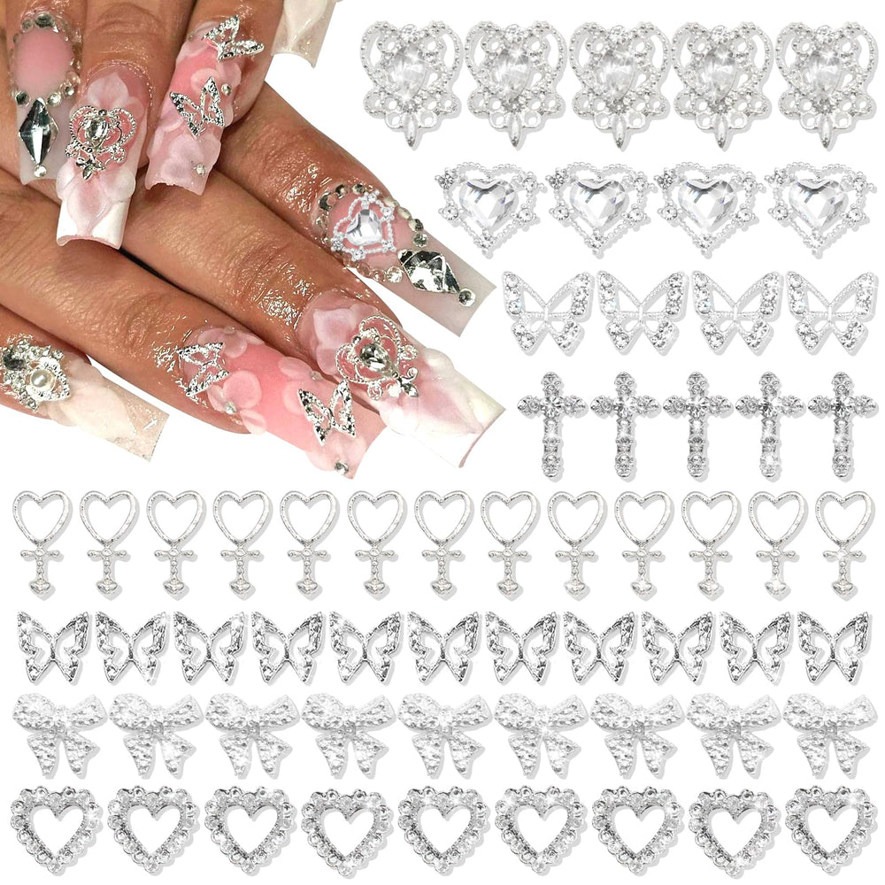 YAEISM 105PCS silver nail charms 3D heart adding elegant depth to your manicure