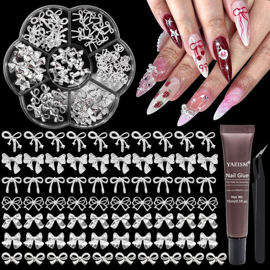 YAEISM bow nail charms add a silver accent for DIY nails.