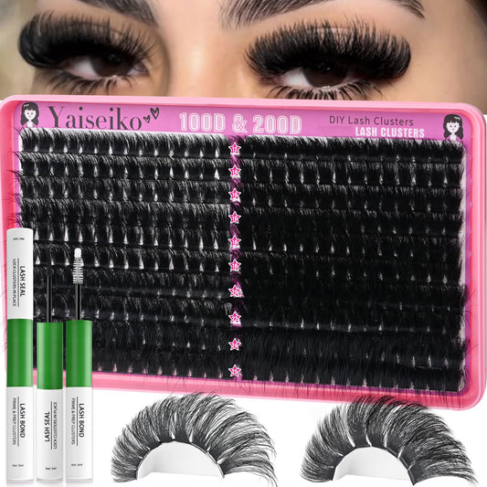Yaiseiko lash clusters kit 100D-200D thick volume for dramatic home lash looks
