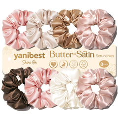 Yanibest 8-pcs satin scrunchies pack, soft butter satin for gentle all-day wear.