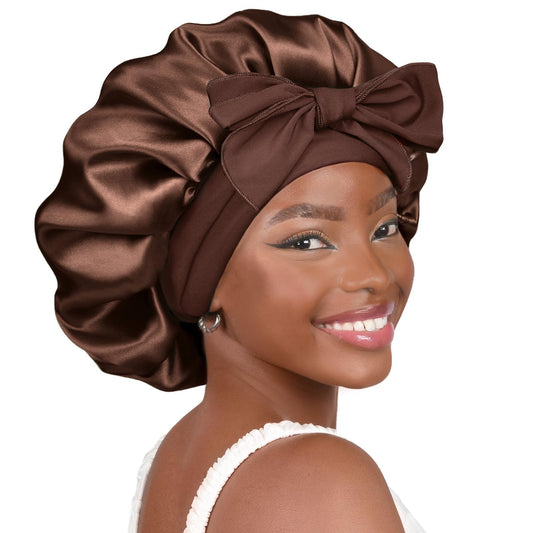 YANIBEST adjustable satin bonnet with front bow for overnight frizz protection