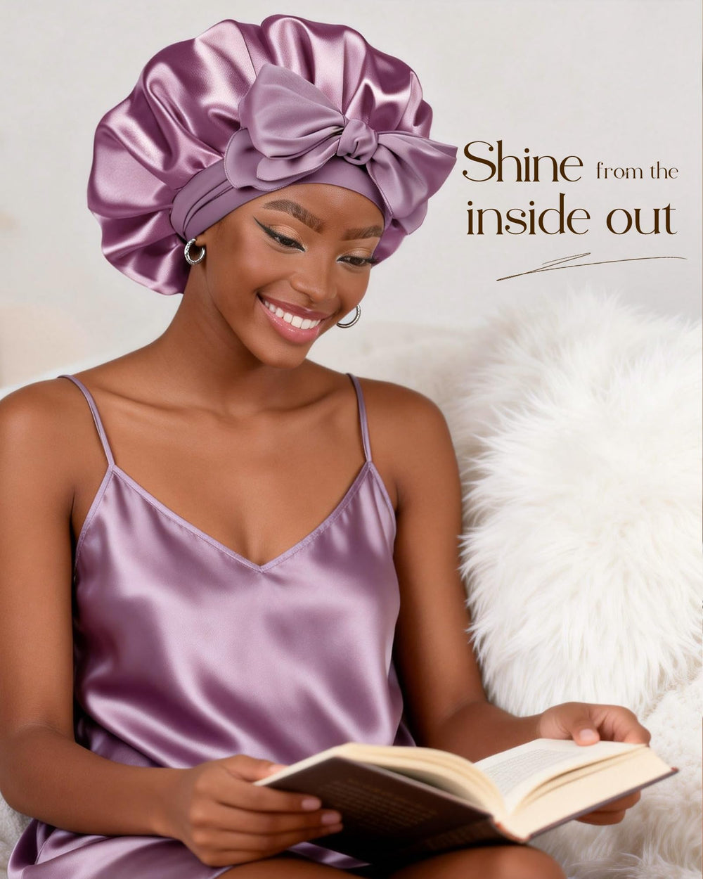 YANIBEST satin bonnet shows wide elastic tie band securing fit without marks