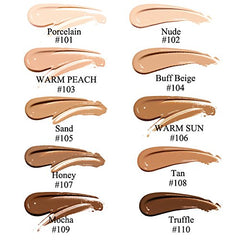 Yaper Foundation shade swatches display Porcelain to Nude range for natural match.