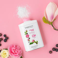 Yardley London English Rose talc powder dispensing action for quick refresh.