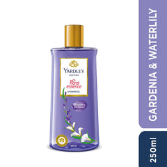 Yardley London Floral Essence Shower Gel bottle close-up highlighting gardenia-waterlily scent.
