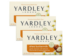 Yardley London Shea Buttermilk Bath Bar pack shot highlighting the 3-pack for daily use