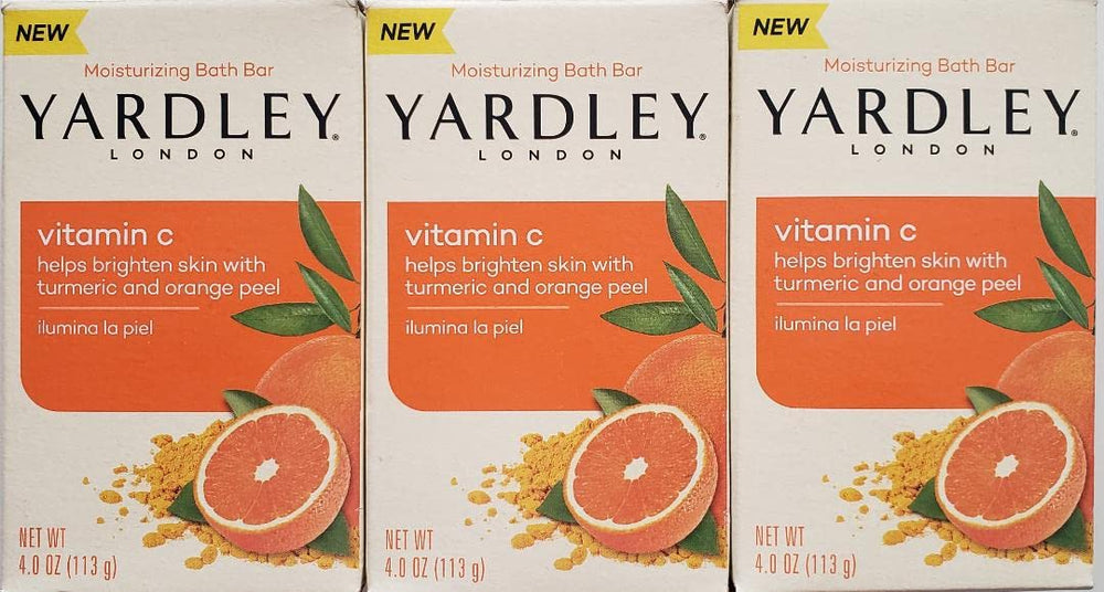 Yardley London Vitamin C bath bar trio in compact packaging for gifting or travel.