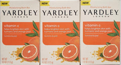 Yardley London Vitamin C bath bar trio in compact packaging for gifting or travel.