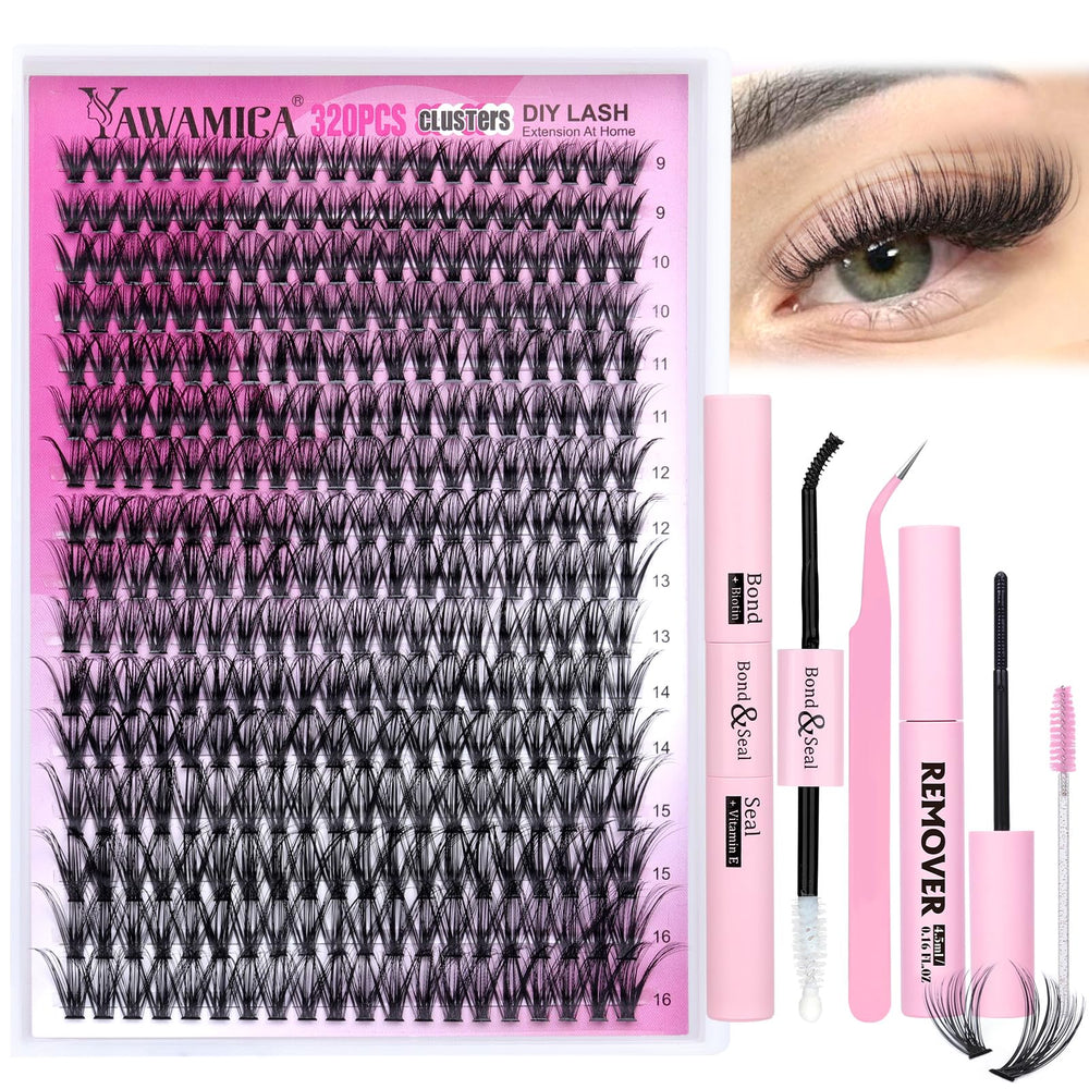 Yawamica lash clusters 320pcs kit for at-home extensions with salon-like look.
