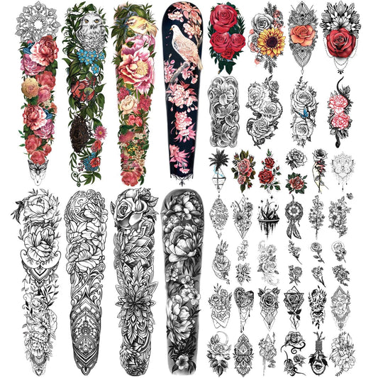 Yazhiji 46-sheet full-arm tattoo designs cover the arm with a dramatic floral look