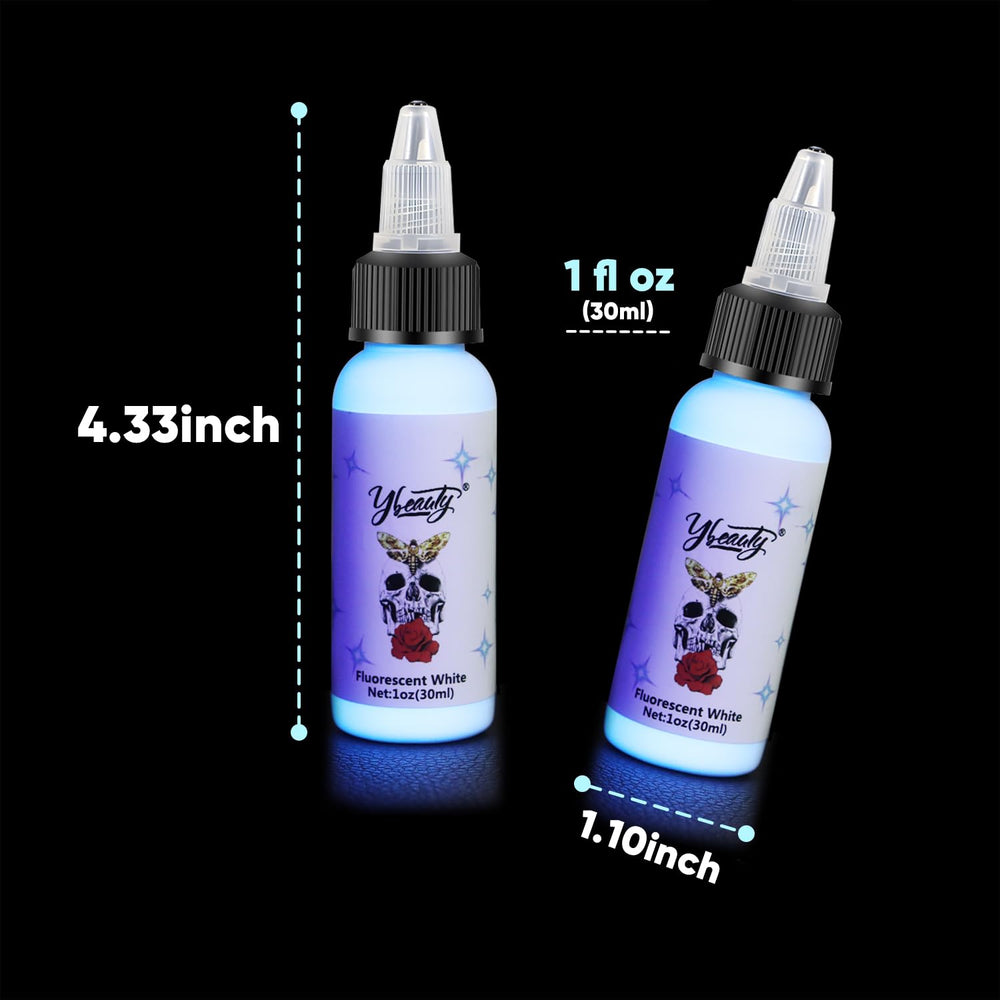 Ybeauty white UV tattoo ink bottle brightens pale skin under UV