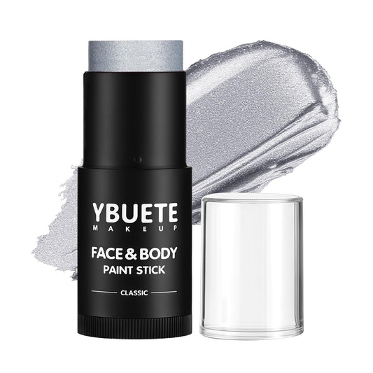 YBUETE silver face body paint stick application demonstrates quick, bold coverage for costumes.