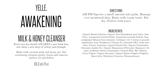Yelle Awakening Milk and Honey Cleanser texture shown with a creamy, soothing lather.
