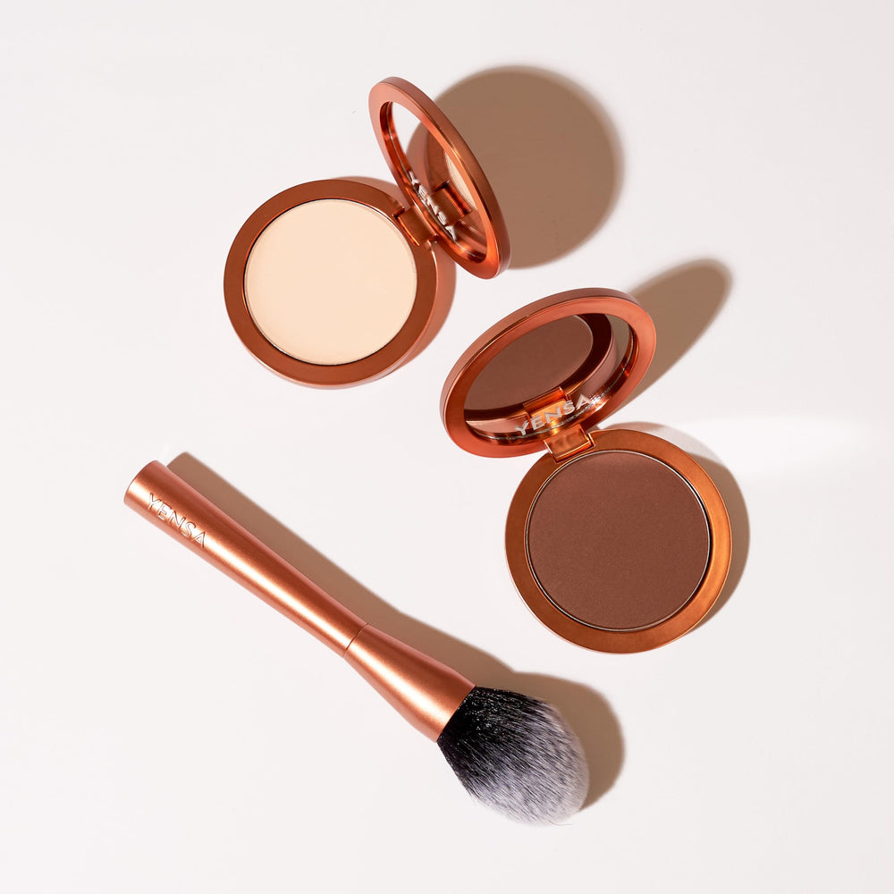 YENSA Tan 1 application routine with powder brush for oil control.