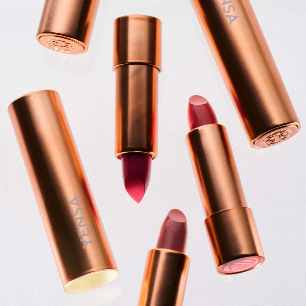 YENSA Charm lipstick close-up on lips with semi-gloss finish