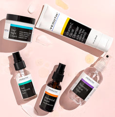 YEOUTH Complete routine display with cleanser, toner, serums, and cream.