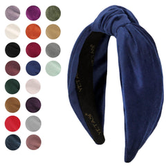 Yetasi navy blue velvet headband top knot close-up highlights its soft fabric and elegant knot.