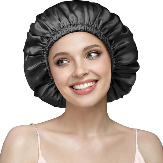 YFONG silk bonnet double-layered outer view helps reduce frizz and protect your hairstyle overnight.