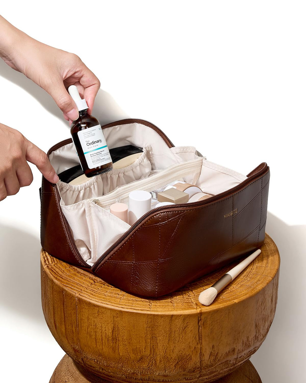 Yikisite makeup bag brown color for stylish travel use