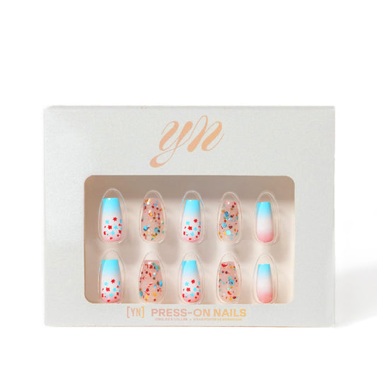 YN Young Nails Rocket Glitz bottle shows bold press-on color for quick chic looks.